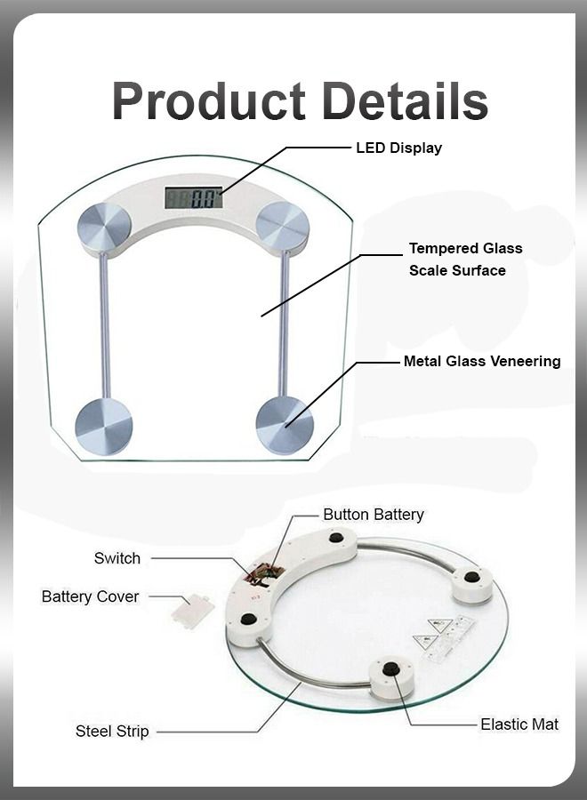 دي بلو شكل دائري ذكي من الزجاج المقوى الشفاف للحمام الرقمي قياسات وزن الجسم عالية الدقة ميزان سعة 180 كجم - Image 4